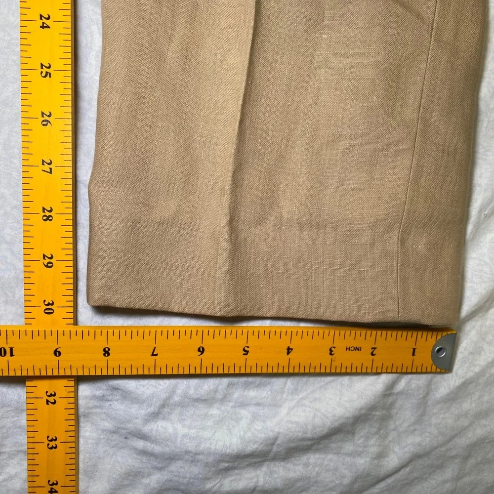 LL Bean Mens 35W Linen Pants Tan Khaki 100 Linen Flat Front Straight Leg